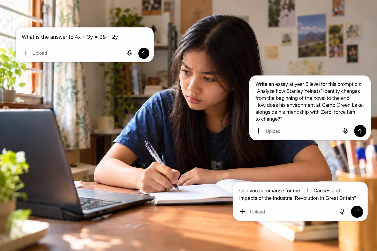 A student looks puzzled at her laptop while three AI chat prompts ask for a maths answer, a ready-made essay and a summary